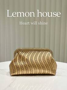 1个奢华闪亮金色波浪形水钻装饰女士手提包，优雅手拿包，适合晚宴、婚礼、舞会、节日和其他场合，配有可拆卸肩带 - 金色 - 查看 2