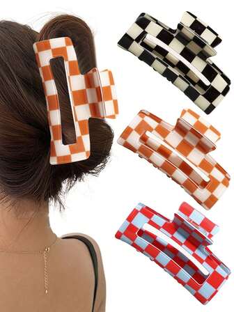 3pcs Checkerboard Square Hair Clips, Elegant Hollow Hair Claw For Ponytail, Gentle Hairstyle Accessories For Women, Suitable For Outdoor, Party, Holiday, Ideal Gift For Valentine's Day, Thanksgiving, Birthday