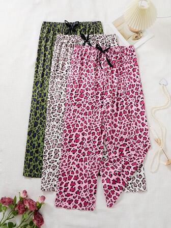 3pcs Plus Size Women Leopard Print Casual Butterfly Decor Lounge Pants Set, Suitable For Winter