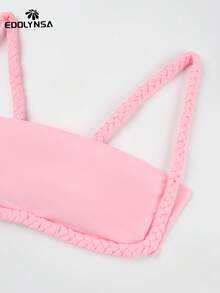 3pcs Pink Bikini Swimsuit Set, Fashionable Bandeau Swimwear, High Slit Swimsuit, With Cover-Up, 2026 New Swimwear Collection, Half Cover-Up Swimsuit, Holiday Beach Outfit - Pink - View 8