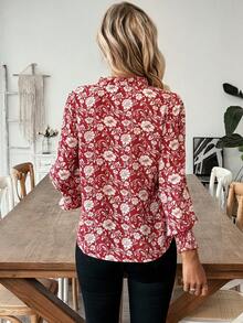 女士时尚通勤印花立领荷叶边长袖衬衫 - 紅色 - 查看 2