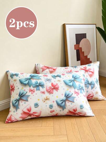 2pcs 5D Digital Printed Colorful Bow Pillowcases, Unisex, Cute, Made Of Brushed Fiber, Suitable For Student Dormitory, Super Soft, Fresh And Adorable, Pillowcase Only (No Pillow Insert), Fits Twin, Full, Queen Beds, Can Be Used For Room Decor