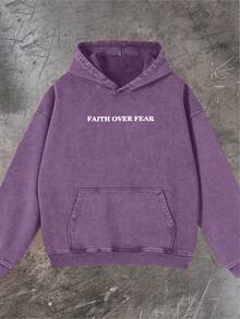 Men's Double-Sided Print Fashionable Autumn Washed Distressed Pocket Hoodie, Men's Vintage Washed Hooded Sweatshirt With Faith Over Fear Back Print - 紫色 - 查看 2