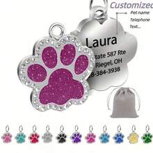 Personalized Engraved Pet Name Tag - High-Quality Glitter Paw Shape Cat Dog Collar ID Tag, Customized Pet ID Tag With Glitter Paw Design