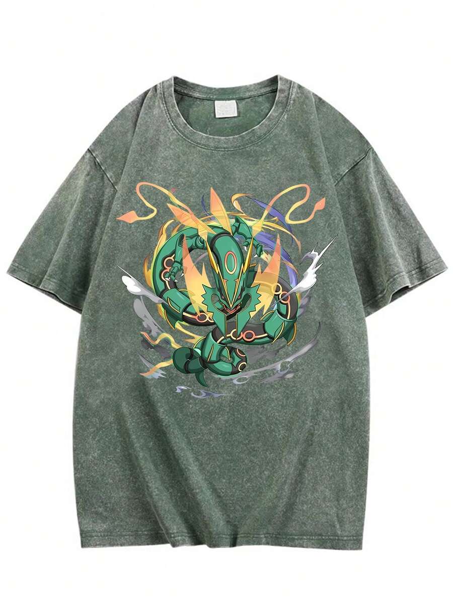 Vintage Distressed Rayquaza Graphic Tee - Oversized Streetwear Anime T-Shirt With Glowing Purple Effect Print Vintage Distressed Character Graphic Tee - Streetwear Style Character Japanese Text Print Oversized Anime T-Shirt Vintage Distressed Character Print T-Shirt - Loose-Fitting Streetwear T-Shirt Cartoon Graphic Print Unisex T-Shirt, 100% Cotton Printed T-Shirt/Graphic Tee - Soft And Comfortable Casual T-Shirt, Bold And Avant-Garde Artistic Design, Short Sleeves, 100% Cotton, Perfect For Holidays/Parties/Shopping/Travel (Suitable For Men And Women, Also For Teenagers), The Perfect Choice For Casual Wear At Home - DG004 - Màu xanh lá cây đậm - Xem 1
