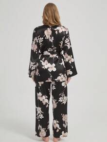 新款女士V领印花扭腰长袖上衣和阔腿裤休闲家居服套装 - 黑色 - 查看 2