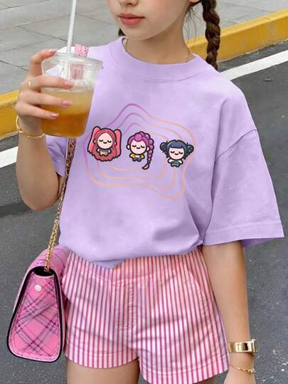 Camiseta de manga corta con cuello redondo para niñas con estampado de chica de dibujos animados y olas de colores, adecuada para primavera/verano, nueva ropa para niñas