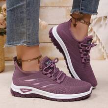 Tênis Casuais Femininos Plus Size, Sapatos de Malha Respirável, Design de Três Listras Laterais com Cadarço Baixo, Fácil de Vestir e Tirar, Presente Feminino, Adequado para Corrida, Caminhada, Transporte e Uso Diário em Todas as Estações - Roxo - Visão 2