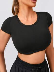Women's Solid Color Fashionable Removable Padded Crew Neck Backless Drawstring Tie Sports Knit Bra - Black - View 3