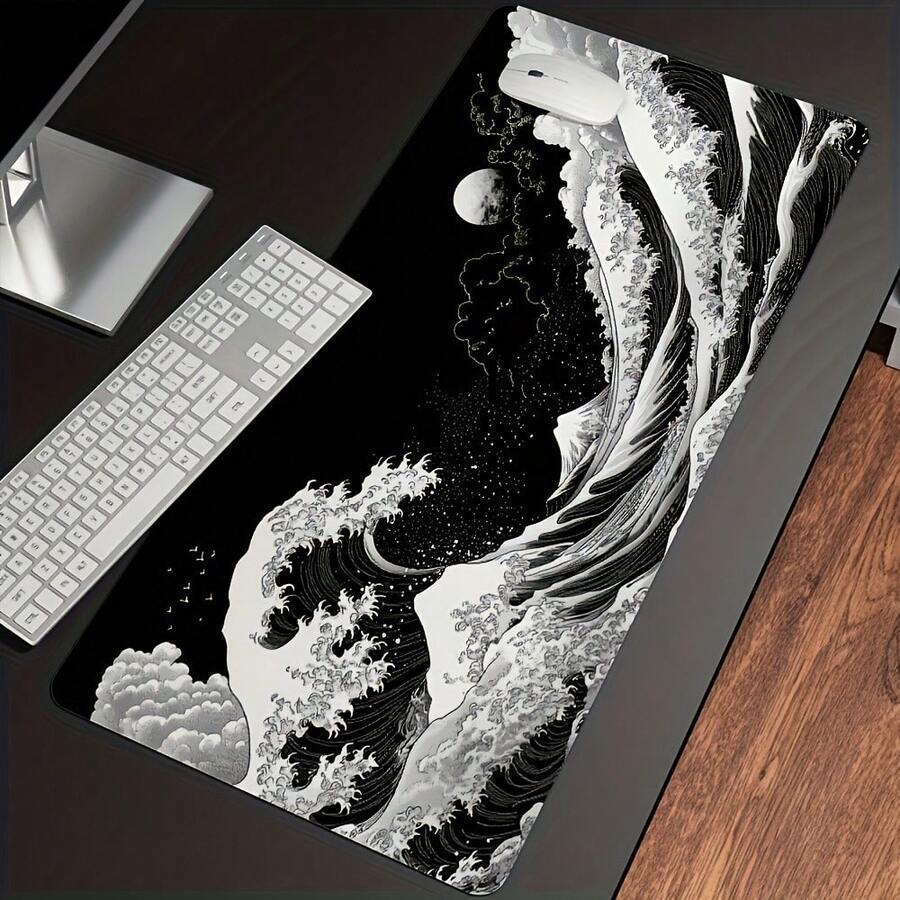 1pc Extra Large Japanese-Style Black Wave Gaming Mouse Pad - Ergonomic Design, Non-Slip Rubber Base, Artistic Japanese Landscape Pattern, Suitable For Computers And Tablets, Durable And Smooth Surface, Computer Mouse Pad | Art Mouse Pad | Durable Mouse Pad, Extra Large Mouse Pad - Multicolor - View 1