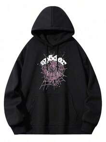 1 PcsMen's Black Hoodie Sweatshirt Stylish Spiderweb & Stars Graphic Print Casual Comfortable Loose Fit Pullover180g 100% Cotton - 黑色 - 查看 4