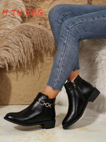 2025 年秋冬女式圆头扣侧拉链黑色踝靴，时尚舒适户外步行靴、靴子、摩托靴，可搭配连帽衫 - 黑色 - 查看 2