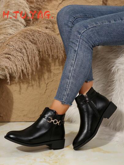 Höst/vinter 2025 Dam Rundtå Spänne Sidodragkedja Svarta Ankelstövlar, Moderiktiga Bekväma Utomhus Vandringskängor, Stövlar, Motokängor, Matcha Med Hoodies