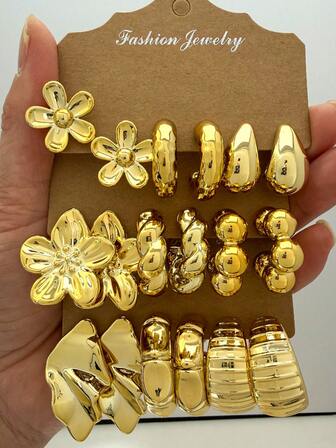 Juego de 6-18 pendientes elegantes de tono dorado para mujeres, con diseños de pétalos, lágrimas, textura en C, geométricos y vintage, regalo especial para la novia, adecuado para uso diario y días festivos