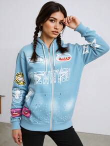 Sudadera con capucha con cremallera y estampado completo con estrellas y letras, cárdigan holgado y casual, unisex - Azul - Ver 4
