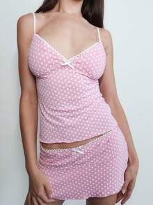 Women Skirt Set, Dots Print V-Neck Camisole With Low Waist Mini Skirt Summer Outfit For Party Club - 粉色 - 查看 3