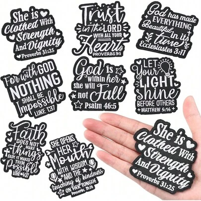 8pcs/Pack Black & White English Phrase Embroidered Cloth Patches, Iron-On Badges, Clothing Accessories
