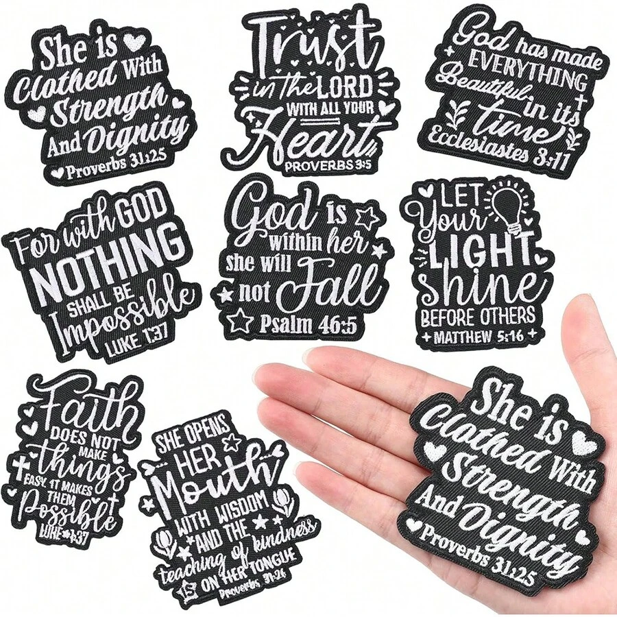 8pcs/Pack Black & White English Phrase Embroidered Cloth Patches, Iron-On Badges, Clothing Accessories - Embroidered Appliqué - View 1