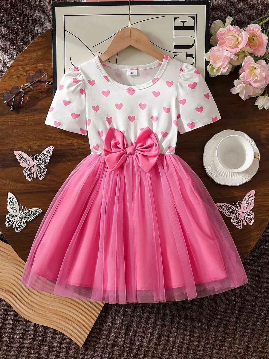 Đầm mùa hè ngọt ngào cho bé gái, cổ tròn, tay phồng, in hình trái tim, trang trí nơ, kiểu dáng thanh lịch, thời trang thường ngày, phù hợp cho bé gái dự tiệc, biểu diễn. - Hồng - Xem 1