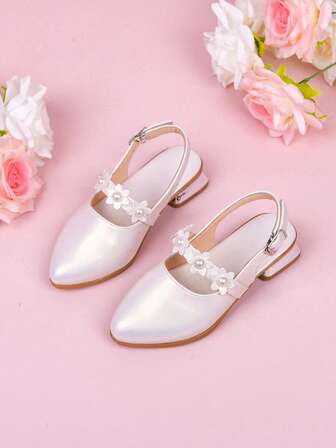 1 par de zapatos de tacón alto con decoración floral y diseño sin espalda, multifuncionales para niñas, adecuados para fiestas y sesiones de fotos