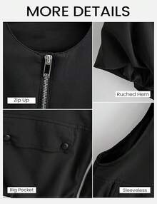Women's Oversized Zip Up Cargo Vest Casual Ruched Hem Sleeveless Jackets Vest Top With Pockets - 黑色 - 查看 7