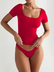 Basic Solid Color Square Neck Short Sleeve Top - Red - View 2