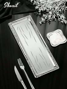 shoxil 1个银色金属长托盘，可作餐盘、储物托盘、蔬菜托盘，中东风格托盘，有3种尺寸可选，适合家庭、餐厅、用餐，也可用于斋月期间。