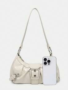 1pc Women's Retro Merlot Distressed Leather Motorcycle Bag With Rivet, Buckle, Ruched Cloud Decor, Shoulder/Armpit Bag For Work, Date, Party, Street & Japanese Bag For Women , Y2k - 米色 - 查看 6