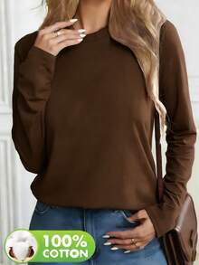 Women's Pure Coffee-Colored Cotton Long-Sleeved Crew Neck T-Shirt, Suitable For Spring - Coffee Brown - View 2