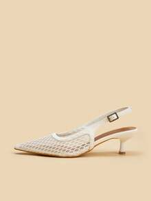 Pointed Toe Minimalist Mesh Breathable Buckle Office Stiletto High Heels - White - View 2