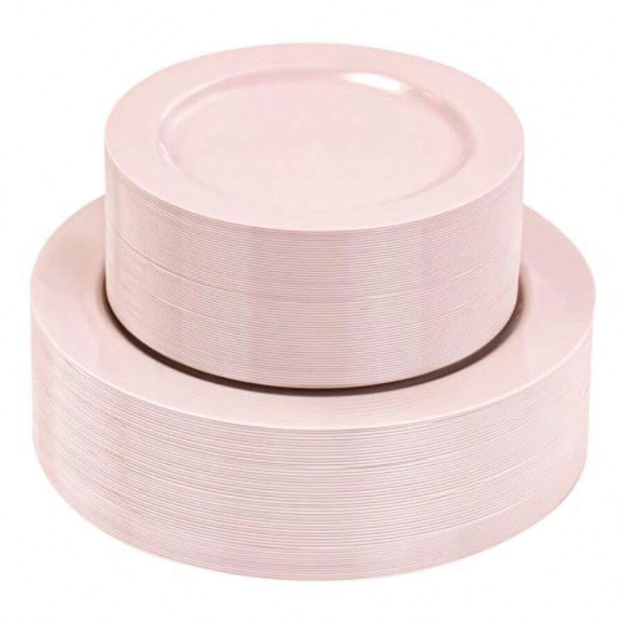 100PCS Pink Plastic Plates - Heavy Duty Pink Party Set Disposable Serve For 50 Guests -10 Inch Dinner + 7 Inch Dert/Salad Plates For EasterBirthday Party Mother's Day - Hồng - Xem 1