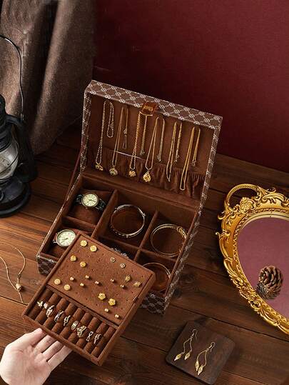 3 piezas Caja de joyería de cuero elegante con ganchos para collares - Caja de almacenamiento de joyas forrada de terciopelo rectangular, organizador de múltiples capas, cierre a presión, sin necesidad de electricidad, para guardar anillos, aretes, relojes y accesorios - Caja de joyería con patrón premium, uso versátil