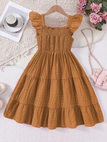 少女纹理面料方领短袖收腰休闲度假连衣裙，春夏款 - 棕色 - 查看 2