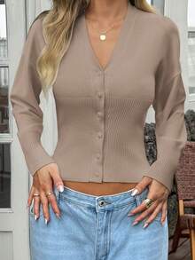 Áo khoác cardigan tay dài cổ chữ V màu trơn, kiểu dáng Y2K Sunshine Girl gợi cảm, thích hợp cho mùa xuân, ngày Valentine và mùa tựu trường. - Màu Khaki - Xem 8