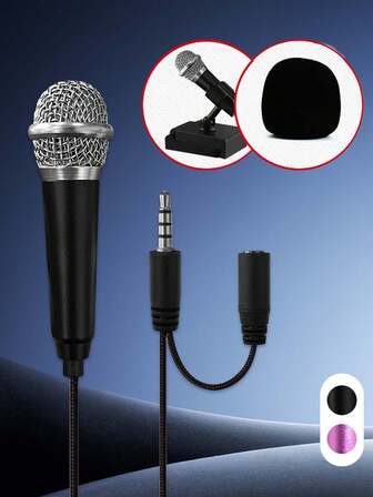 Micrófono mini de aleación de aluminio + Soporte mini de plástico | Micrófono de condensador con cable universal de 3.5 mm para karaoke / transmisión en vivo / grabación / vlog, compacto y portátil para usar en cualquier momento