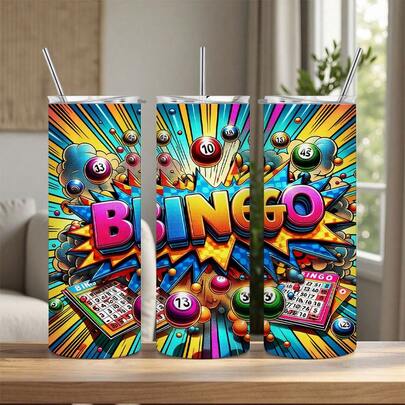 [Bold Graphic Drinkware] 1pc 20oz Bingo V.2 Stainless Steel Tumbler | Vibrant Bingo Game Design, 304 Shatterproof, Leak-Proof, Rust-Resistant Cup With Removable Lid & Straw For Iced Coffee, Smoothies, Office Use, Bingo Mug, Beverage Container, Bold Graphic Drinkware