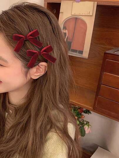 2pcs/Set Y2k Style Women's Velvet Bow Hair Clip, Elegant And Cute For Daily Wear, Party Dressing And Dancing Valentine's Day Valentines, Hair Accessories, Hair Barrettes Hair Clips Claw Clips Hair Claws, School Stuff, College, Winter Outfit For Women, Bows, Head Accessories