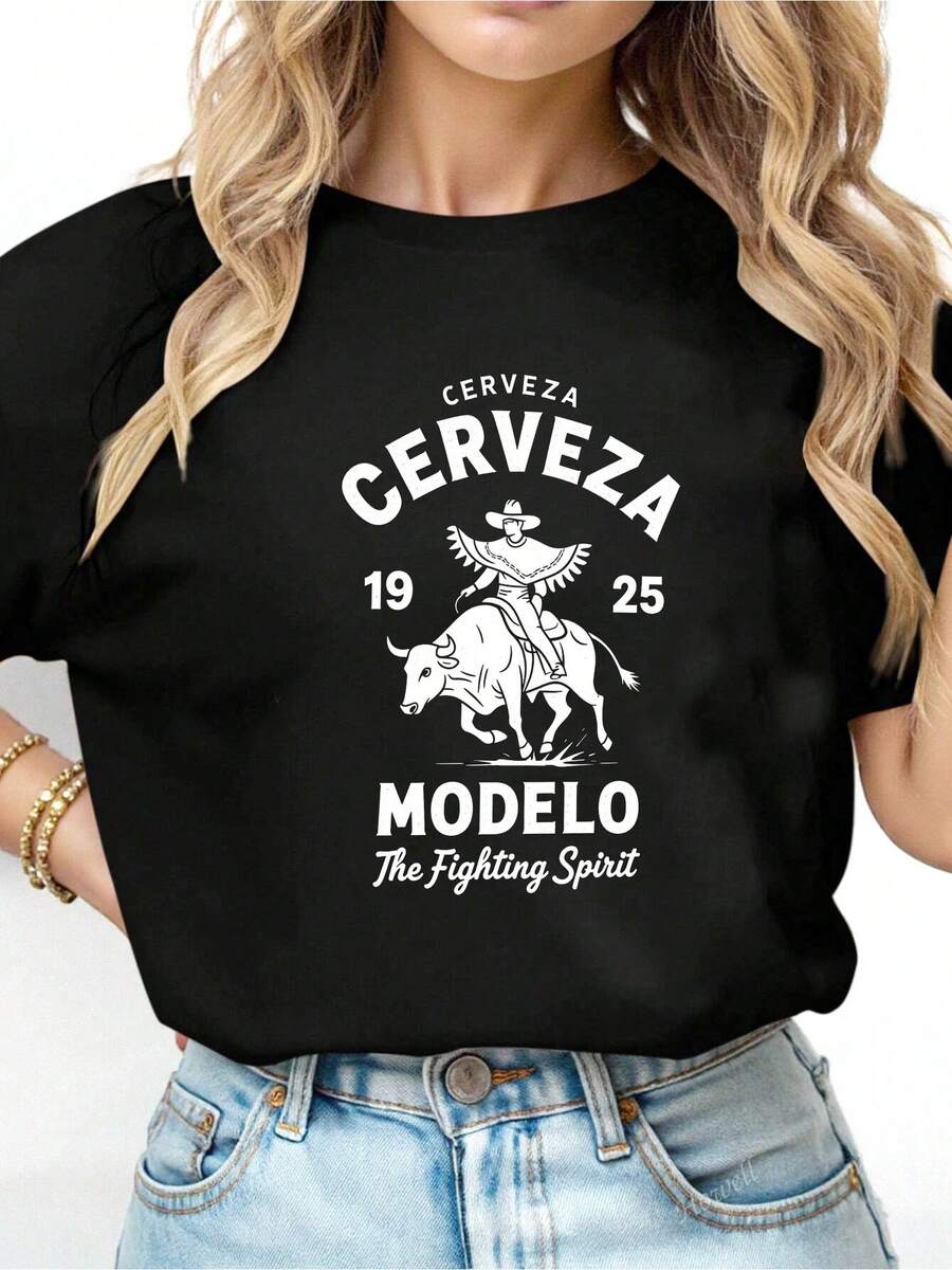 1pc Modelo Graphic Print Mens 100 Cotton T-Shirt, Casual Sports Style-1 - Đen 2 - Xem 1