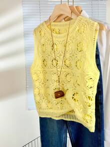 宽松针织镂空吊带背心，无袖钩针上衣，轻盈透气，百搭夏季时尚单品 - 黃色 - 查看 5