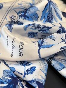1pc Silk-Like Butterfly & Floral Print Square Scarf For Women As Bandana, Waist Belt, Bag Decor, Hair Accessory, For Daily Wear - Navy Blue - View 3