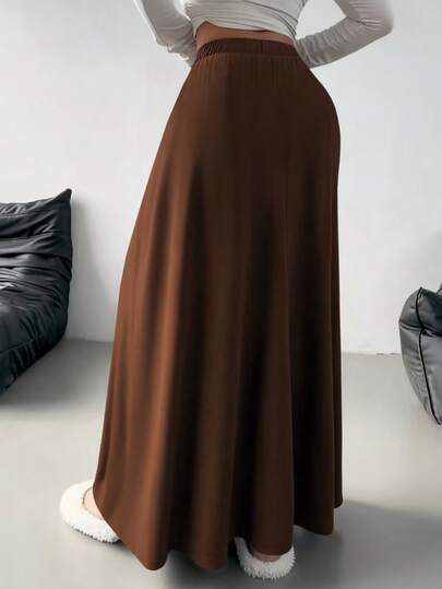 Plus Size Women's Brown Parachute Skirt, Non-Stretch Woven Fabric, Casual Design Spring