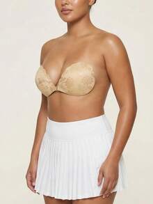 3/1 pièce Coussinets de soutien-gorge invisibles autoadhésifs en dentelle, cache-tétons rehaussant le décolleté sans bretelles avec des sangles transparentes - Nude - Voir 4