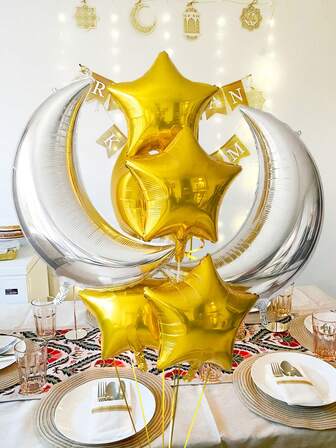 7-delat set med silvermåneballonger, inkluderar silvermåne- och guldstjärnefolieballonger, lämpliga för Ramadan, Eid-firanden, festivaler, födelsedagar