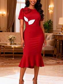 Vestido de sirena con acentos de hojas blancas y flores 3D rojas, adecuado para invitados de boda de primavera y fiestas de cóctel - Rojo - Ver 3