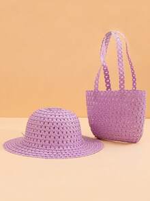 2pcs/Set Girls' Solid Color Woven Mesh Sun Hat + Matching Woven Handbag, Multi-Color Options, Fashion Minimalist Delicate & Breathable, Suitable For 2-3 Years Old Girls Outdoor/Beach Use In Spring/Summer, Can Be Used As Birthday/Holiday Gift - Multicolor - View 8