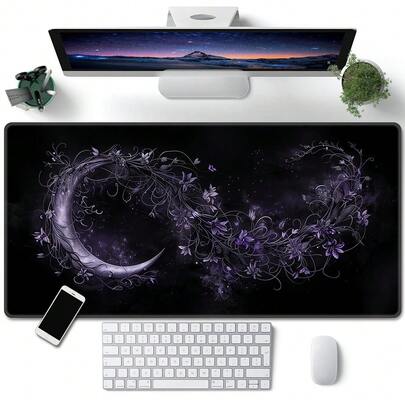 1 件午夜花卉月亮紫色桌垫 - 送给妈妈的完美礼物 - 超大尺寸桌垫 - 可爱桌垫 - 黑紫色鼠标垫 游戏办公鼠标垫 桌面配件 电脑配件垫 防滑底座和缝边键盘鼠标垫 电脑长桌垫 适用于游戏和办公