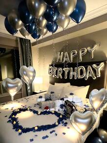 30-57pcs Navy Blue & Silver Birthday Balloon Set - Happy Birthday Banner + Foil Heart Balloons + Thick Latex Balloons, Perfect For Men's Birthday Decor, Couple's Bedroom, Hotel Midnight Birthday Party Decoration - Multicolor - View 3