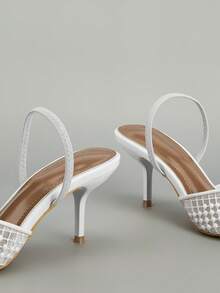 Pointed Toe Mesh & Pearl Ankle Strap High Heel Shoes, Suitable For Party, Banquet, Office - White - View 5