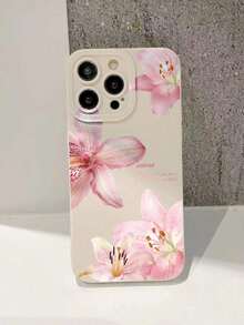 1pc Perforated Straight Edge Pink & Blue Floral Painted Thick Anti-Drop Phone Case Cover - 白色 - 查看 4