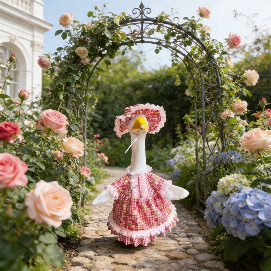 Porch Goose Outfits Stylish Cute Goose Clothes Print Ruffled Trim Dress And Hat 2 Pcs Set - Multicolor - View 1